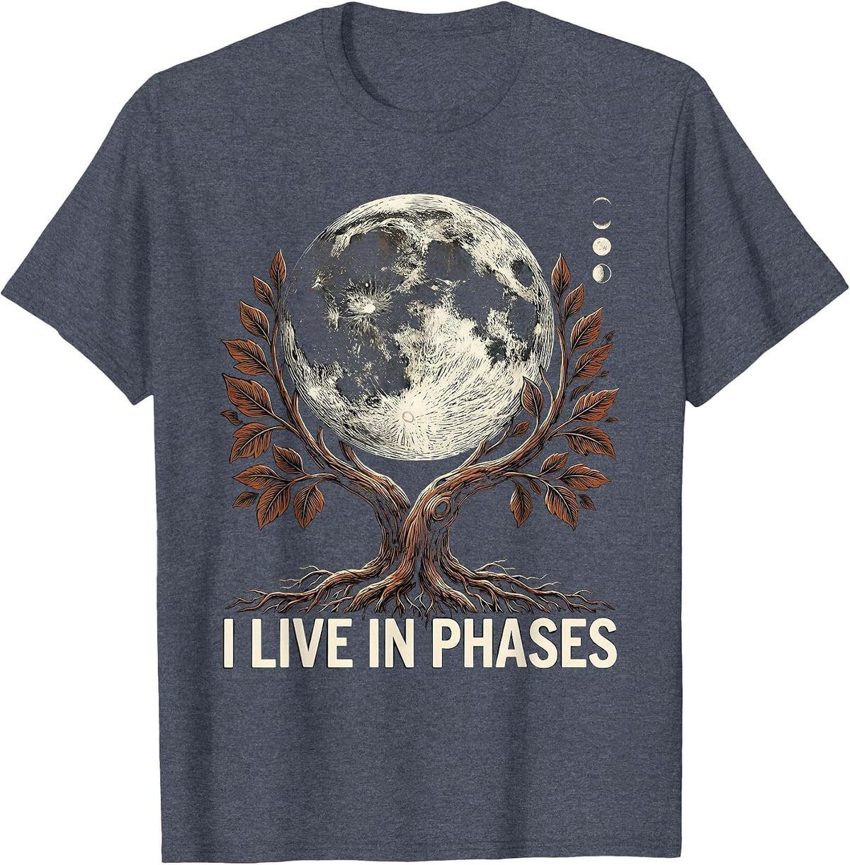 I Live In Phases Mystic Moon Phases Boho Celestial Botanical T-Shirt - Heather Blue