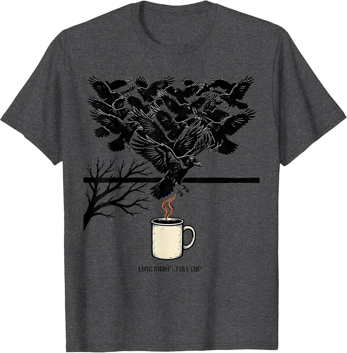 Men's Long Nights, Full Cup Gothic Crow Coffee Halloween Season T-Shirt - Dark Heather Grey