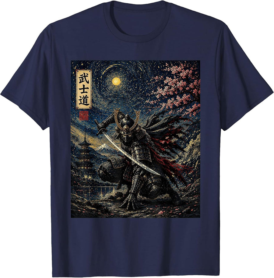 Japanese Van Gogh Samurai Moonlight Warrior Vintage Art T-Shirt - Navy Blue
