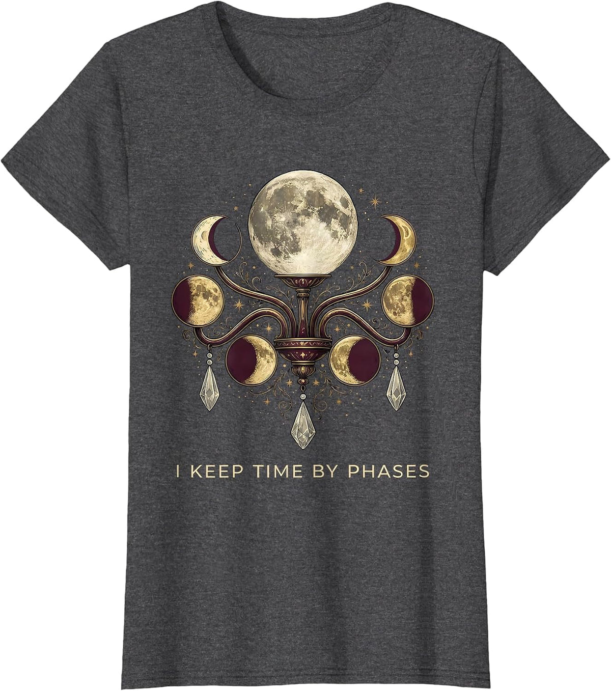 Women's I Keep Time By Phases Whimsigoth Celestial Moon Phase T-Shirt - Dark Heather Grey