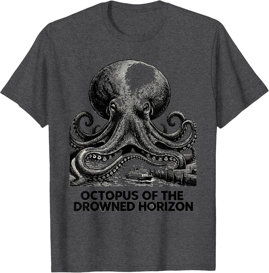 Men's Octopus of the Drowned Horizon Monochromatic Ocean Animal T-Shirt - Dark Heather Grey