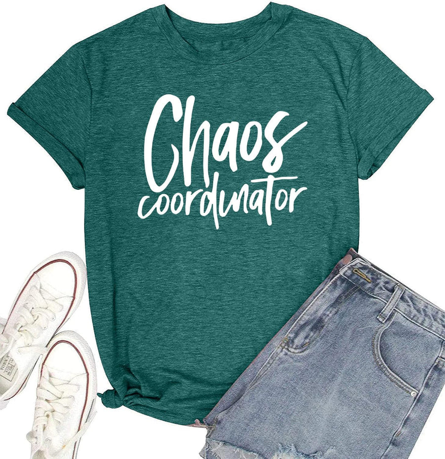 Women Chaos Coordinator Letter Printed T-Shirt Funny Short Sleeve Crewneck Tops Tee Shirt - Darkgreen