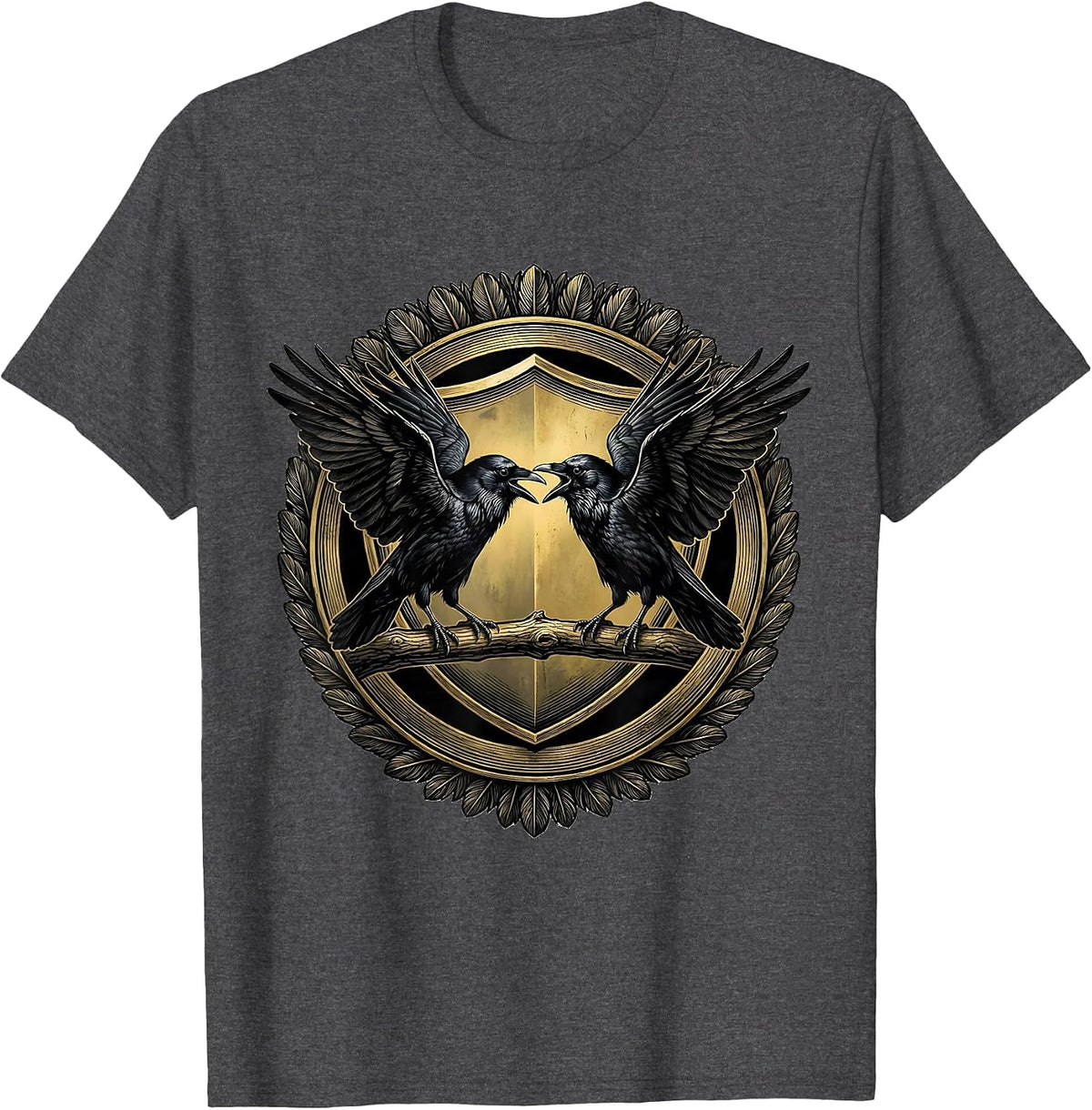 Two Crows Facing Off on a Branch Illustration T-Shirt - Dark Heather Grey