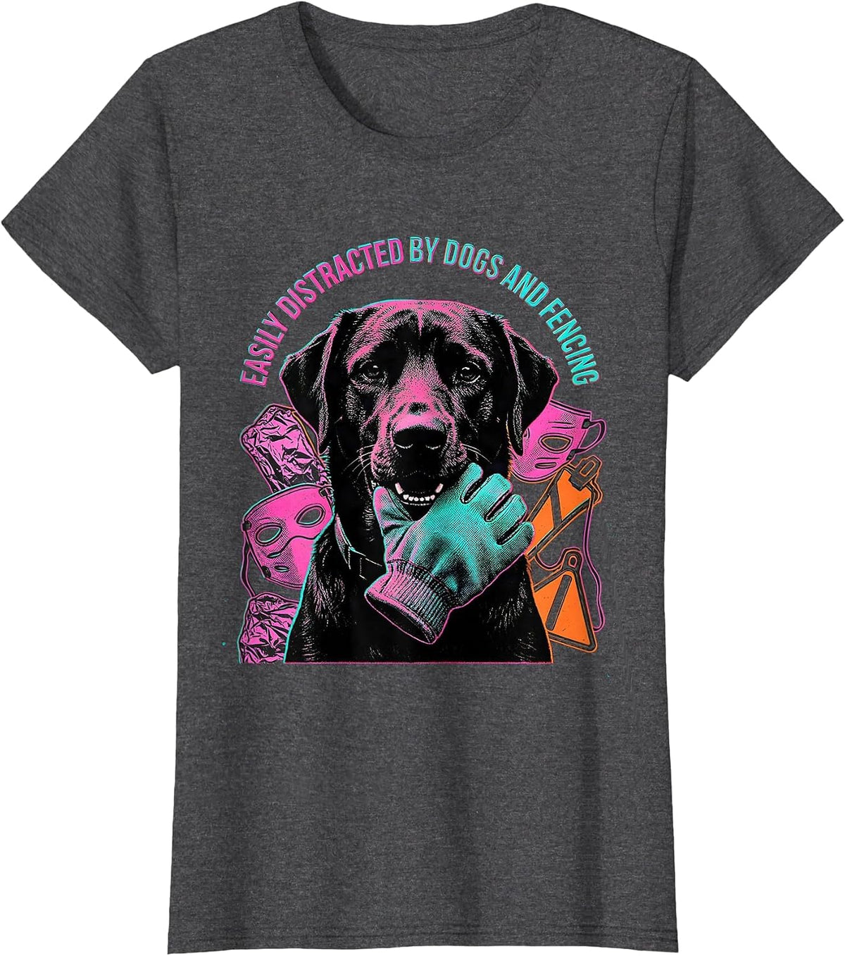 Women's Easily Distracted By Dogs And Fencing Funny Dog Lover Humor T-Shirt - Dark Heather Grey