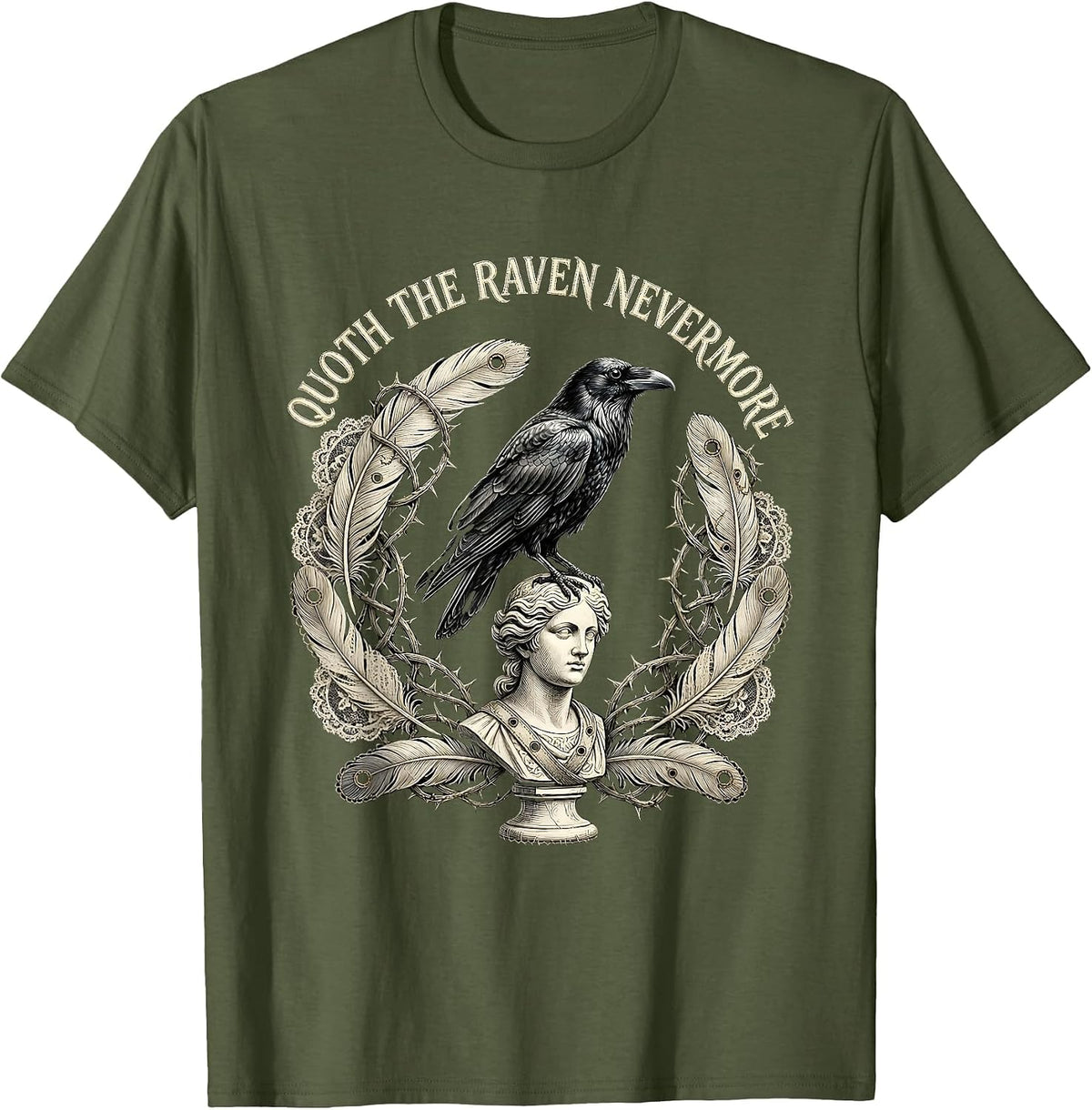 Quoth The Raven Nevermore Edgar Allan Poe Design T-Shirt - Olive Green