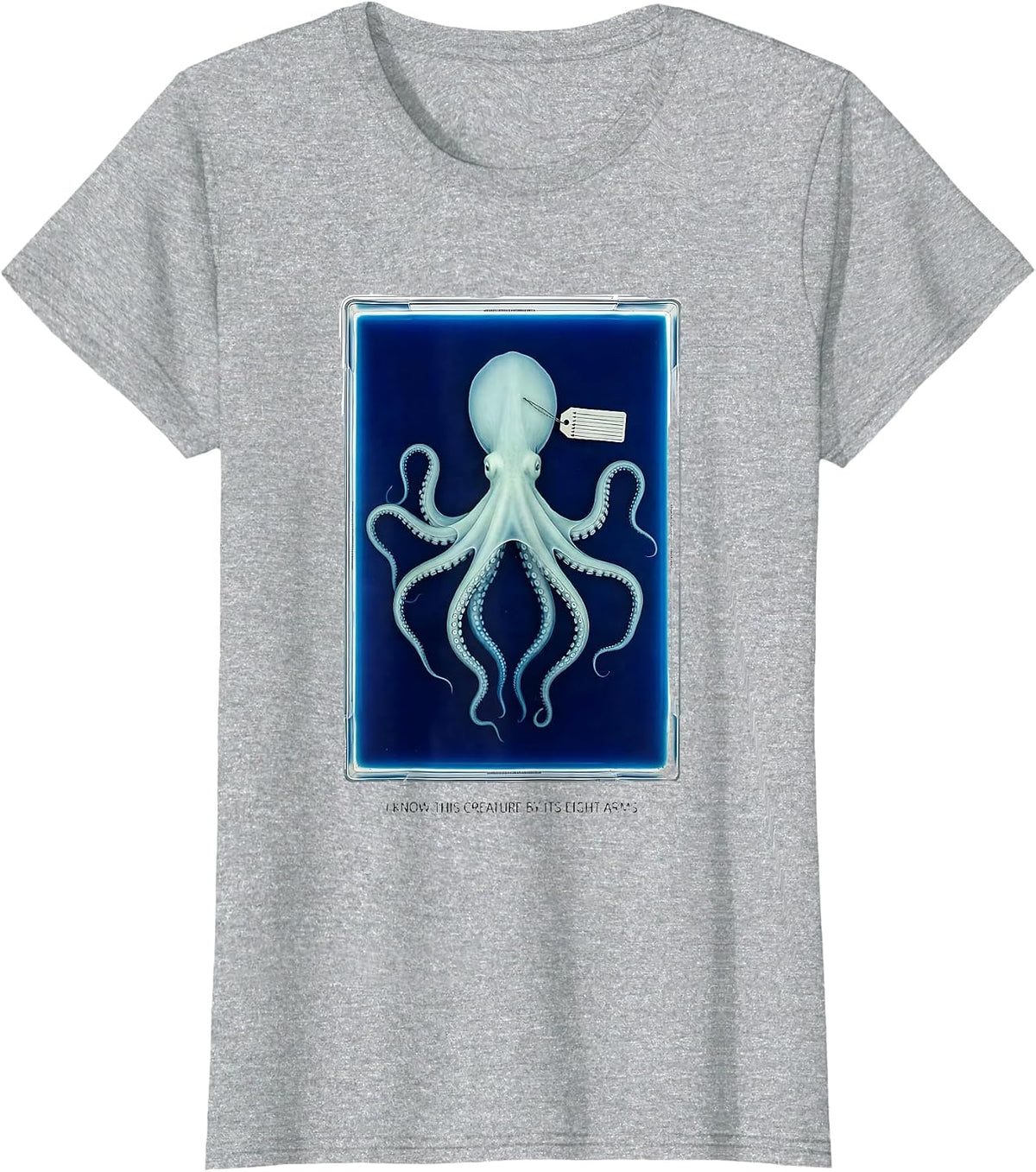 I Know This Creature By Its Eight Arms Cyanotype Octopus T-Shirt - Heather Grey