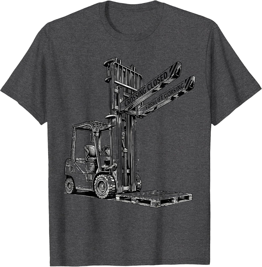 Men's Crossing Closed Forklift Working Funny Forklift Operator T-Shirt - Dark Heather Grey