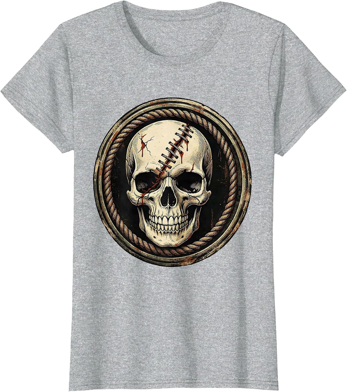 Smiling Skull Stitched Crack Bloody Horror Graphic T-Shirt - Heather Grey