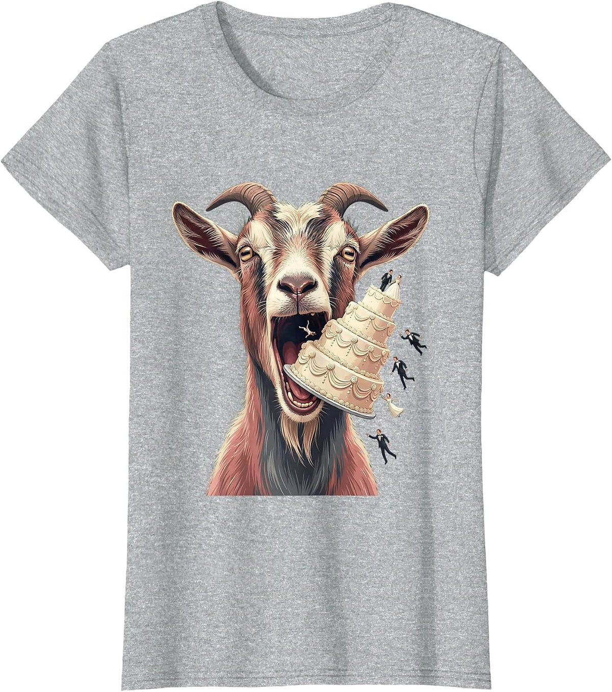 Goat Eating Wedding Cake Funny Animal Illustration T-Shirt - Heather Grey