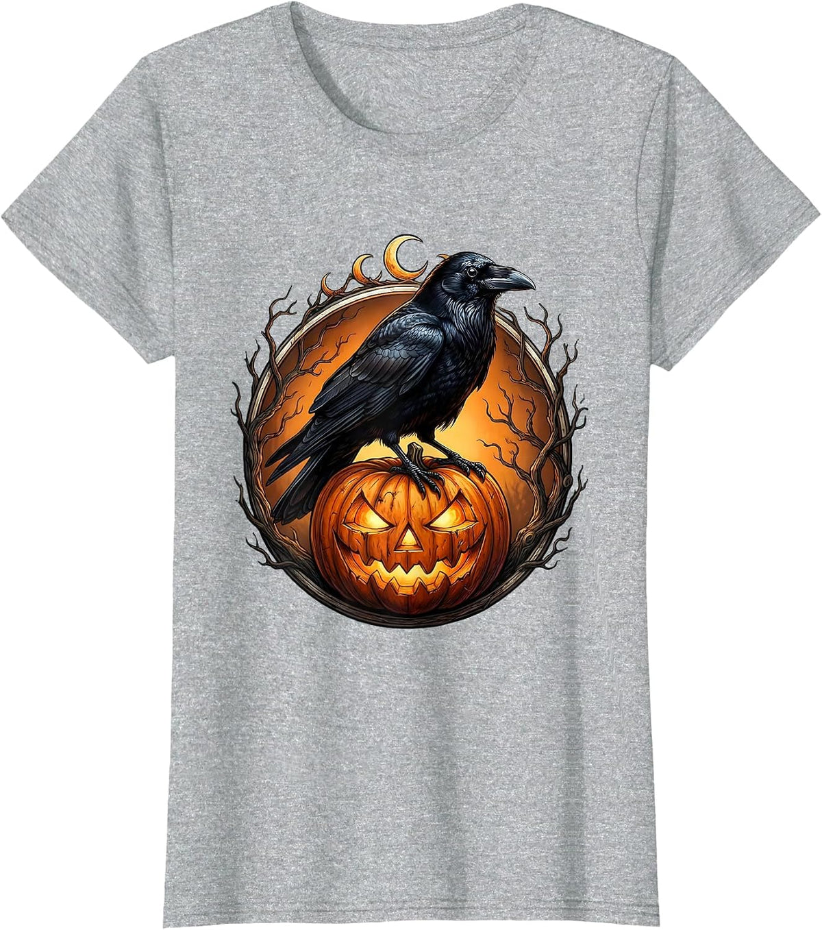 Crow on Jack-O-Lantern Halloween Night Design T-Shirt - Heather Grey