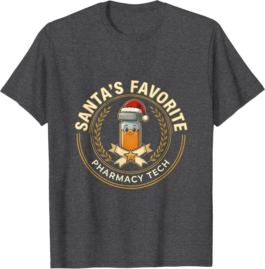 Men's Santa's Favorite Pharmacy Tech Funny Christmas Pharmacy T-Shirt - Dark Heather Grey