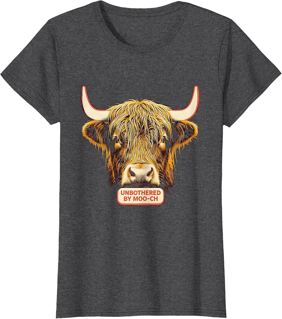 Women's Unbothered By Moo-ch Funny Highland Cow Floral Humor T-Shirt - Dark Heather Grey