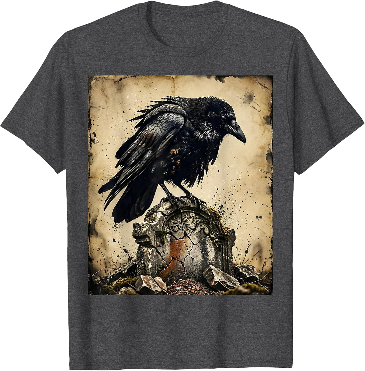 Men's Hooded Crow on Crumbling Gravestone Gothic Art T-Shirt - Dark Heather Grey
