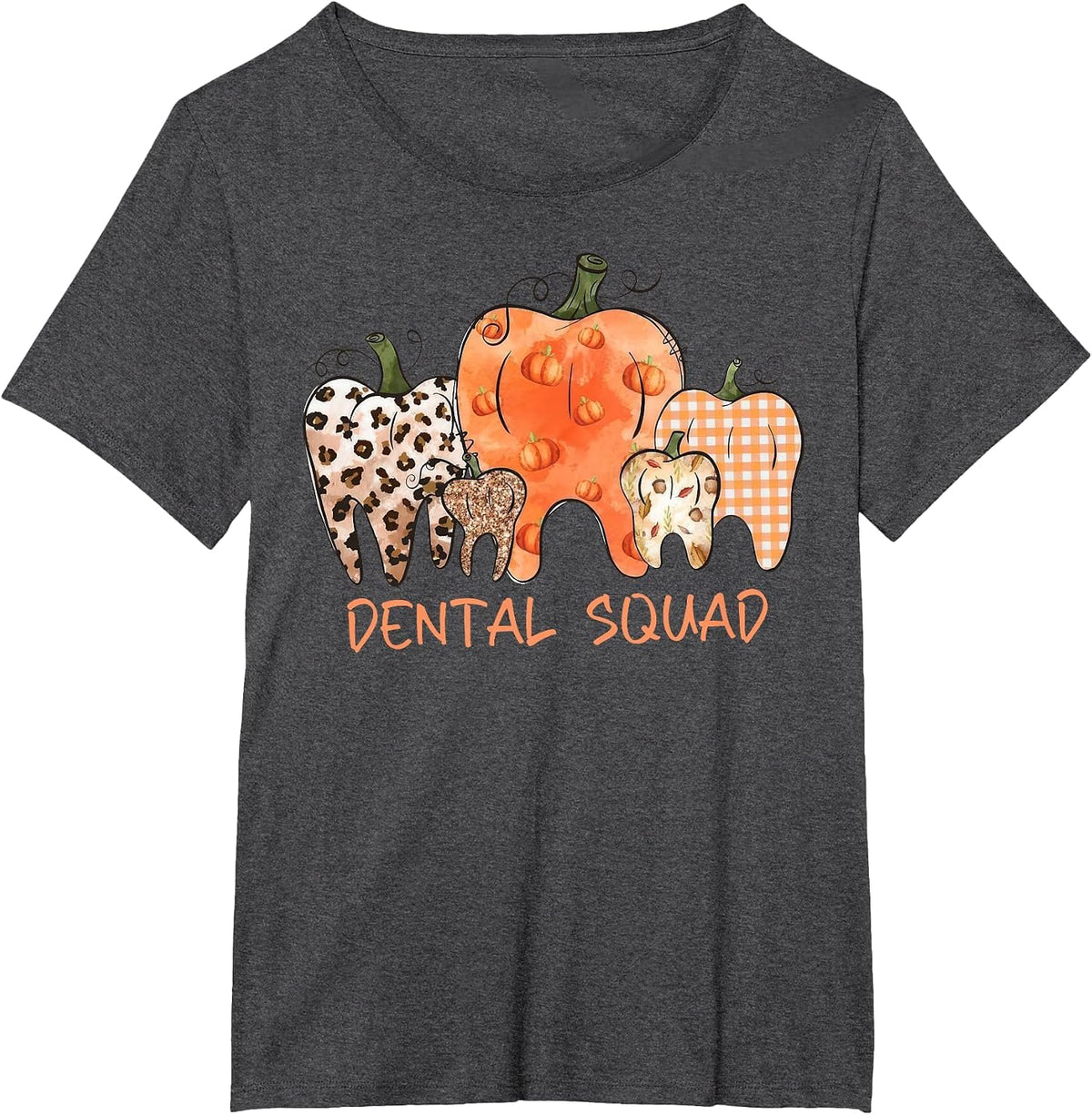 Dental Squad Happy Fall Leopard Pumpkin Teeth Dental Life T-Shirt - Dark Heather Grey