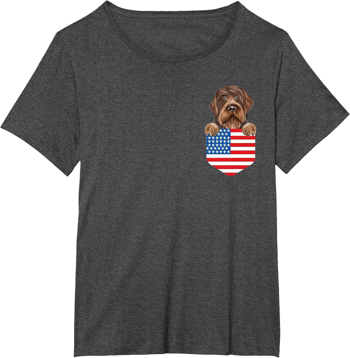 America Flag Wirehaired Pointing Griffon Dog in Pocket T-Shirt - Dark Heather Grey