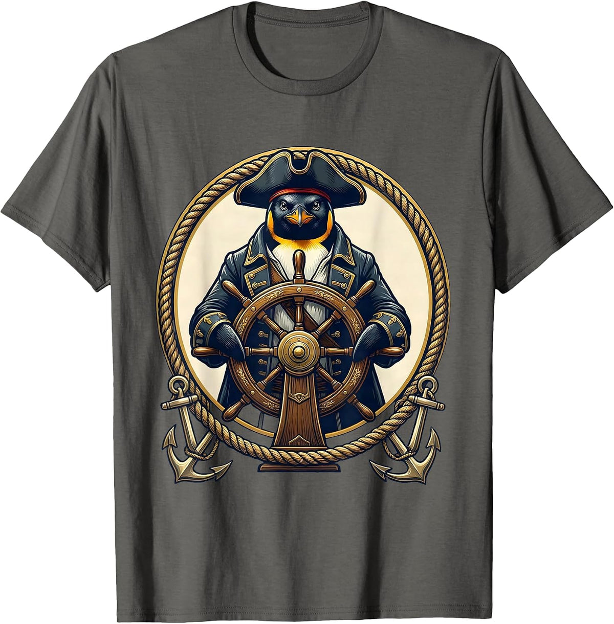 Men's Penguin Pirate Steering a Tall Ship Wheel T-Shirt - Asphalt Grey