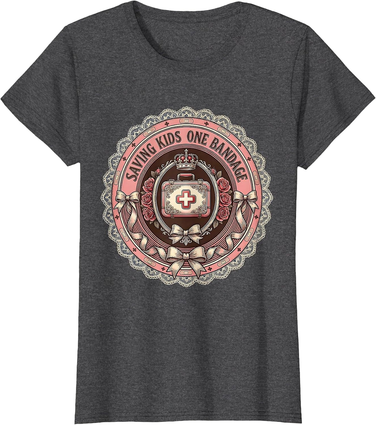 Women's Saving Kids One Bandage School Nurse Design T-Shirt - Dark Heather Grey