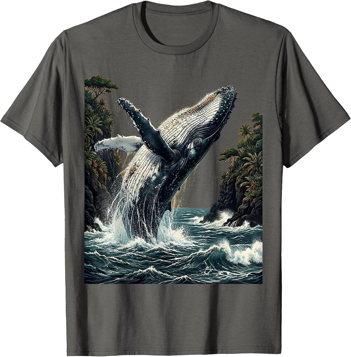 Aloha Whale Breaching Volcanic Island Cliffs T-Shirt - Asphalt Grey