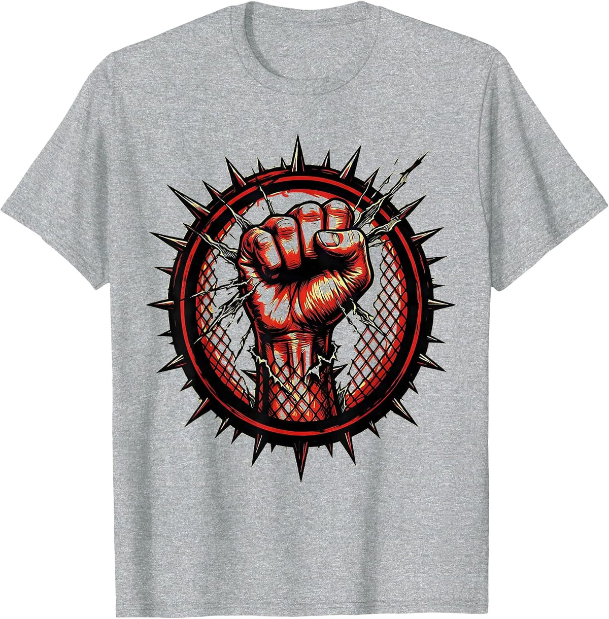 Men's Punk Raised Fist Through Torn Fishnet Graphic T-Shirt - Heather Grey