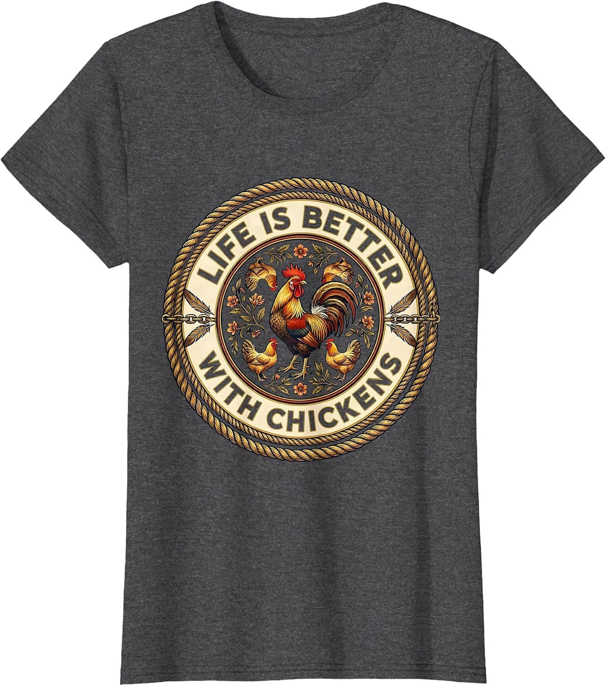 Women's Life Is Better With Chickens Funny Farm Design T-Shirt - Dark Heather Grey