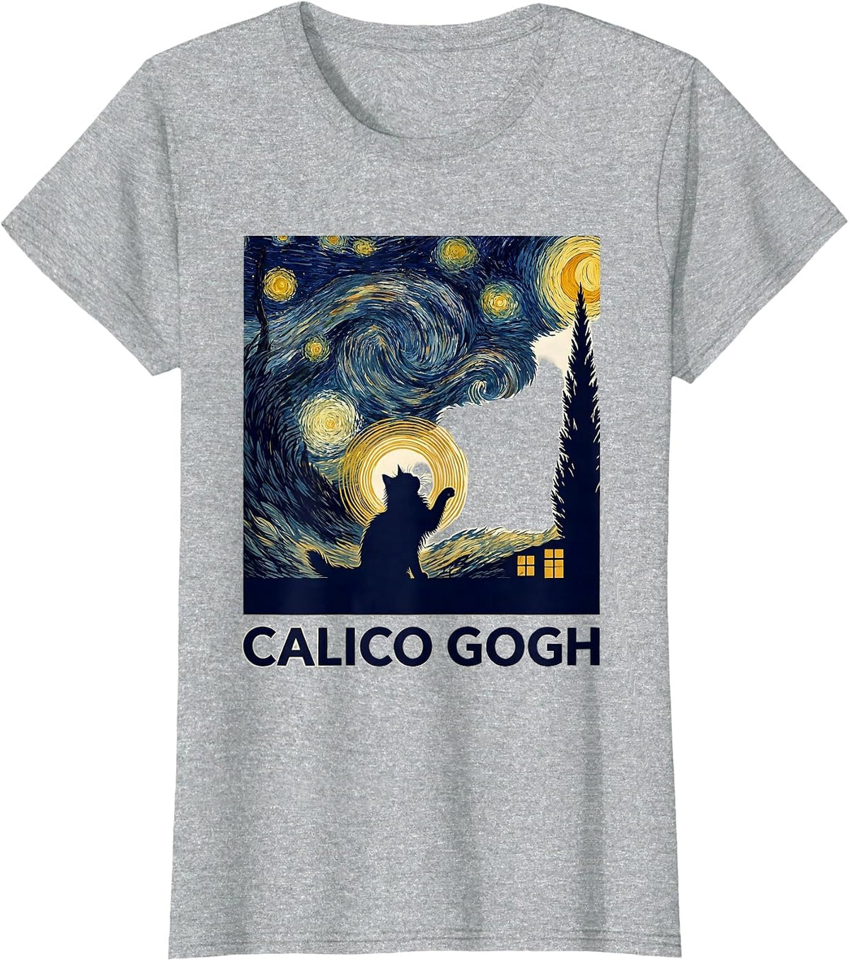 Women's Calico Gogh Silhouette Cat Lover Van Gogh Art Parody T-Shirt - Heather Grey