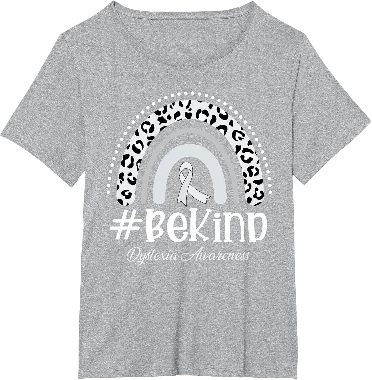 Leopard Rainbow Be Kind Gray Ribbon Dyslexia Awareness T-Shirt - Heather Grey