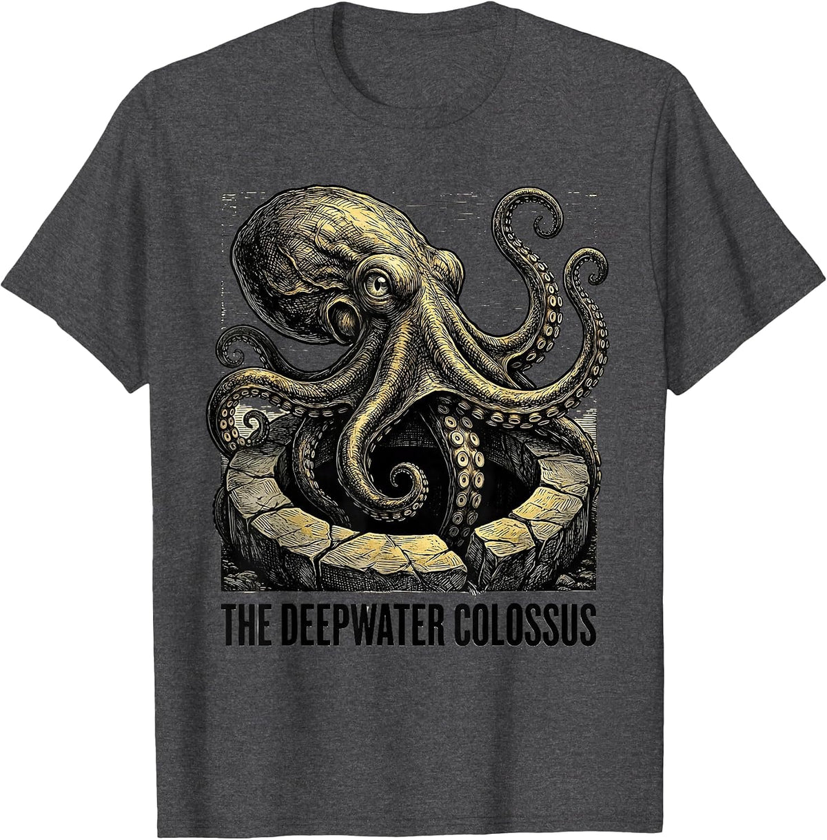 Men's The Deepwater Colossus Woodcut Engraving Octopus Lover T-Shirt - Dark Heather Grey