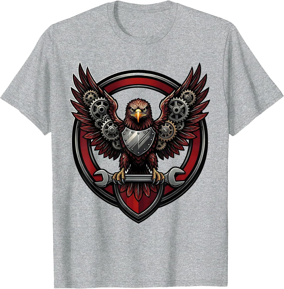 Men's Mechanical Eagle Gear Wing Steampunk Illustration T-Shirt - Heather Grey