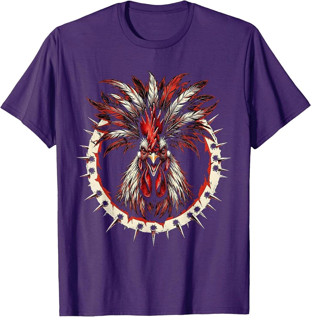 Rooster King Feather Crown Illustration T-Shirt - Purple