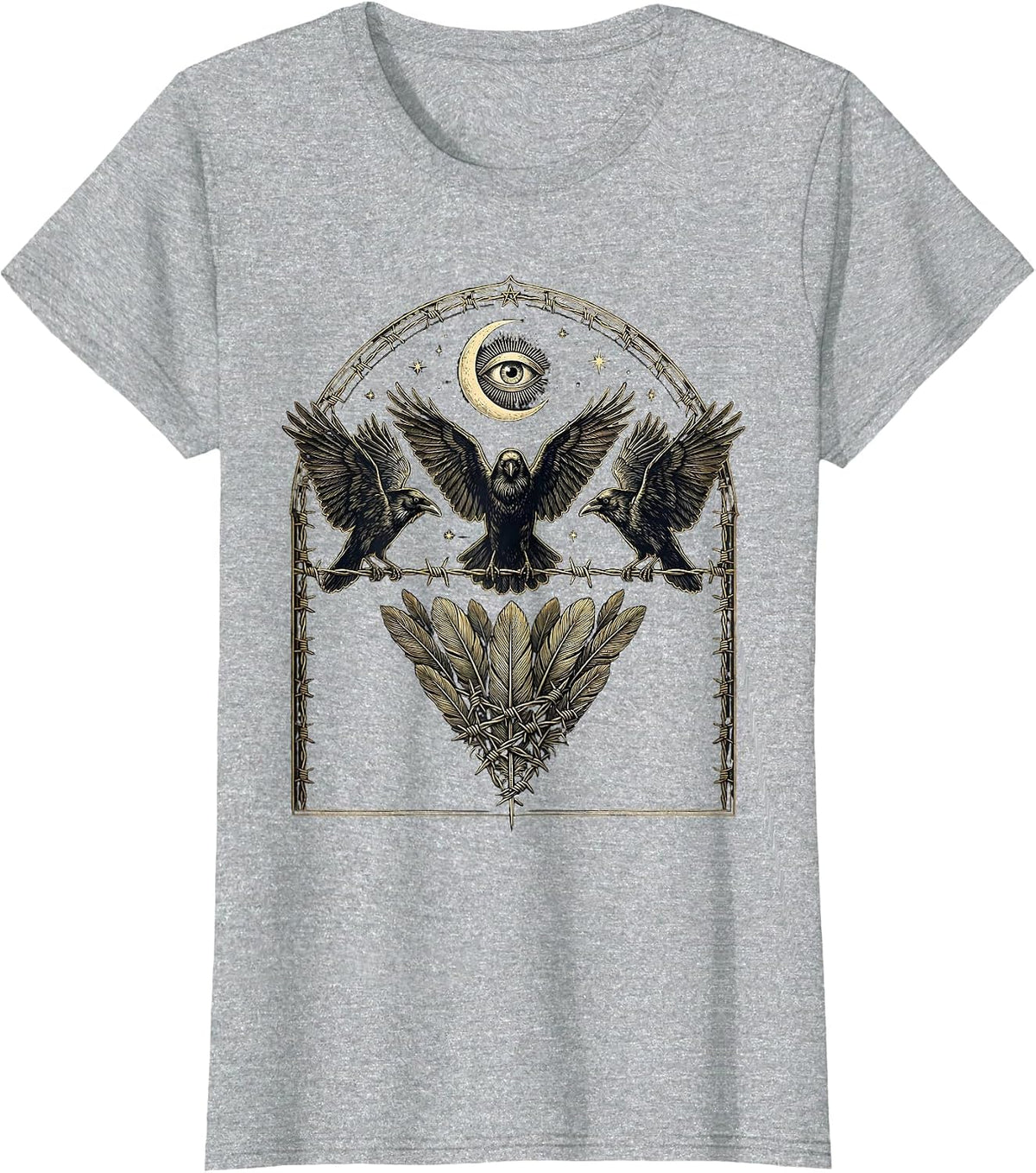 Crows on Barbed Wire Dark Horror Illustration T-Shirt - Heather Grey