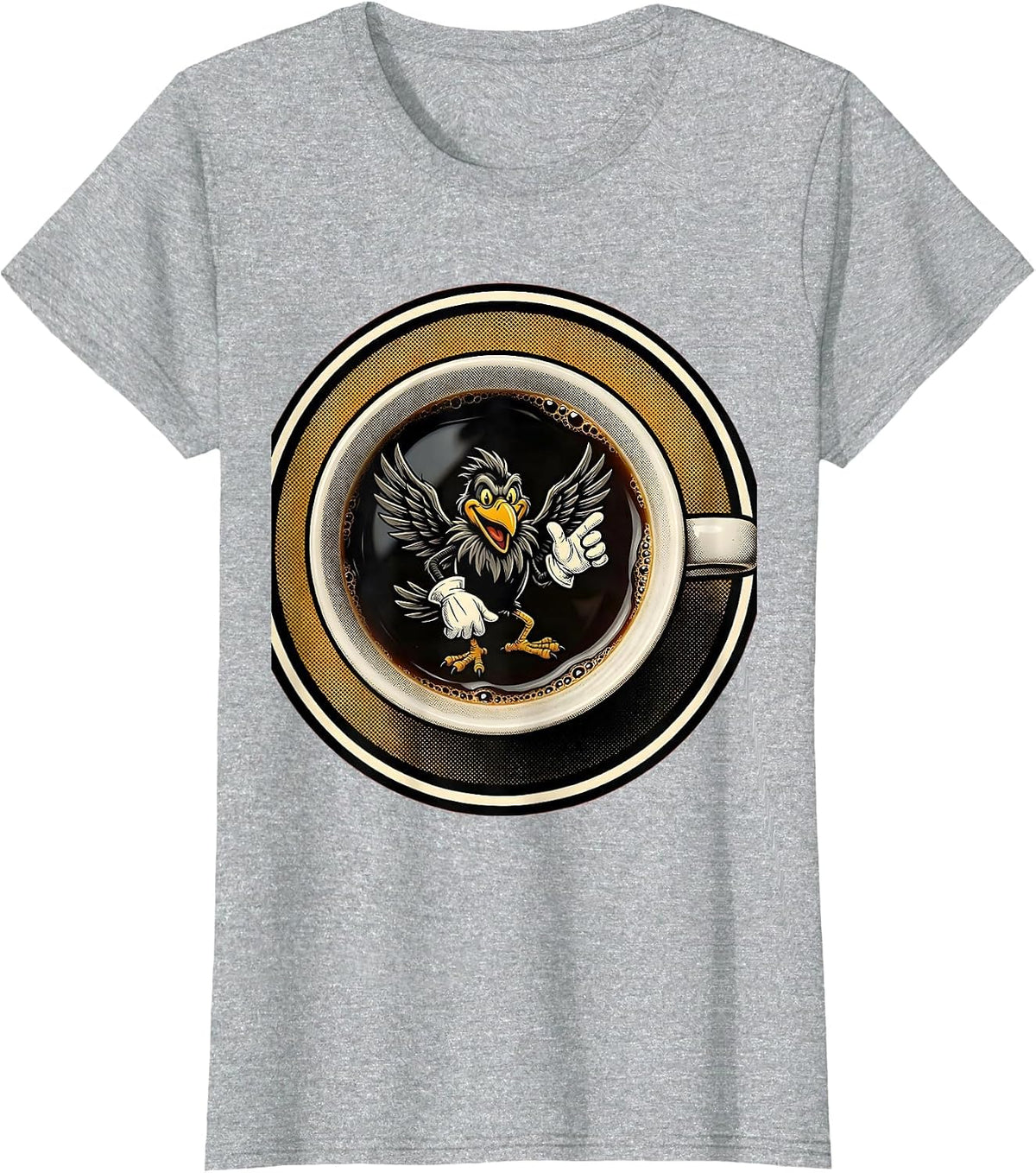 Coffee Mug Crow Reflection Illustration T-Shirt - Heather Grey