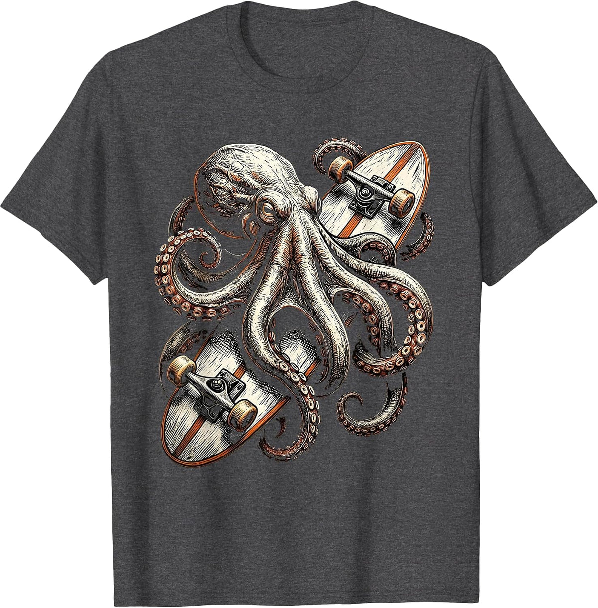 Men's Octopus Surfboard Surf Art Graphic Tee T-Shirt - Dark Heather Grey