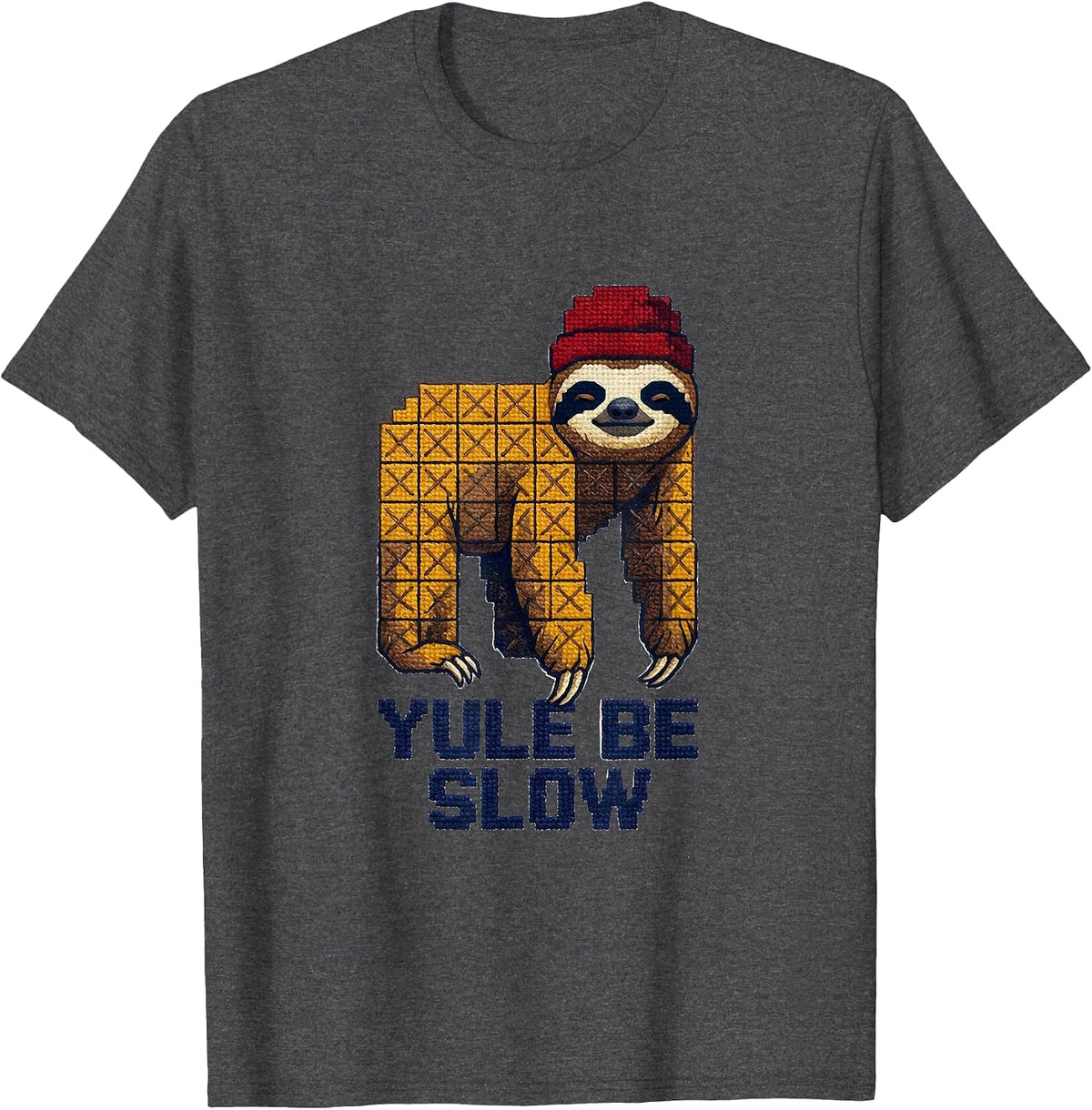 Men's Yule Be Slow Cross Stitch Sampler Funny Sloth Lover T-Shirt - Dark Heather Grey