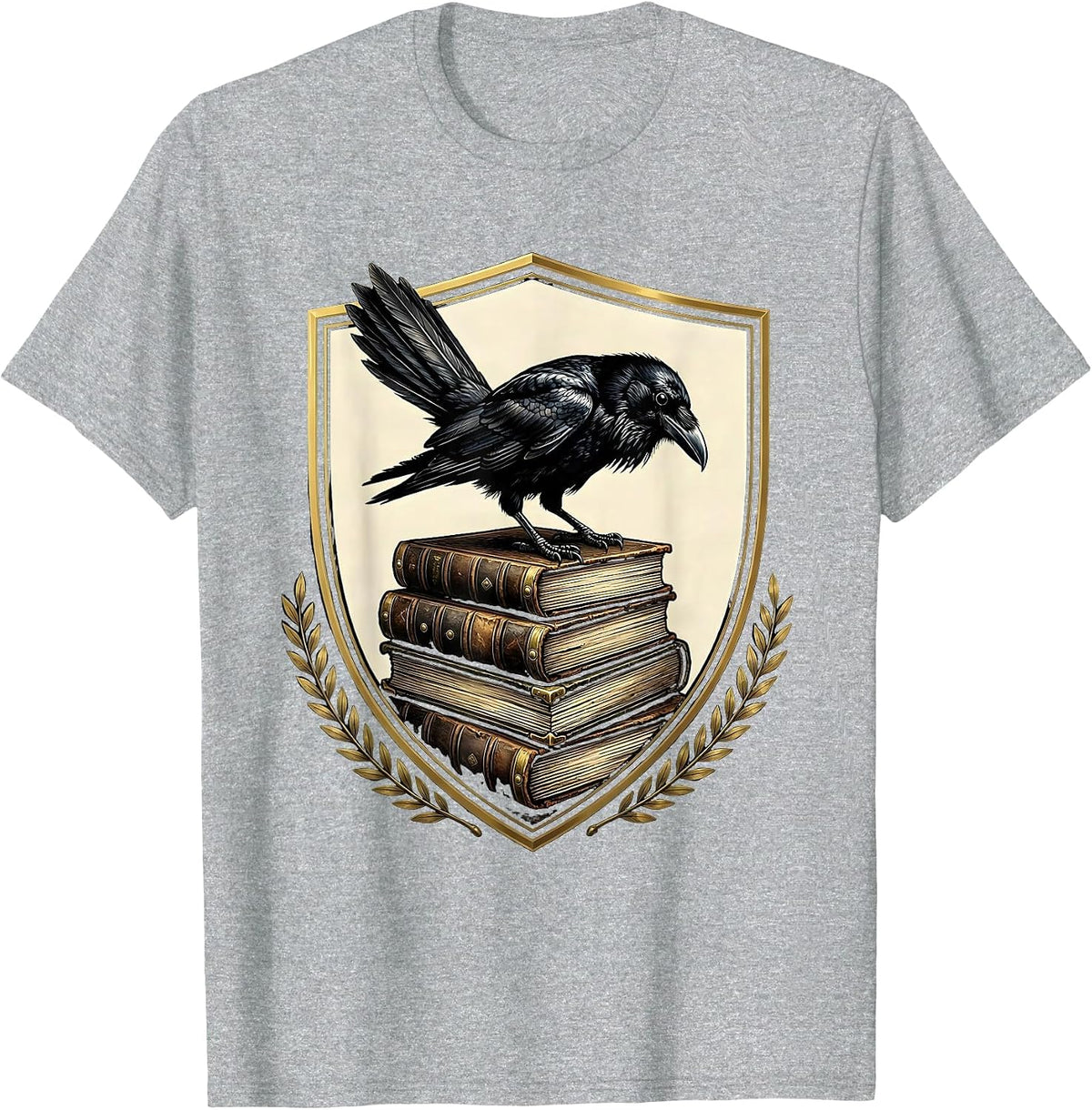 Men's Crow on Stacked Old Leather Books Illustration T-Shirt - Heather Grey