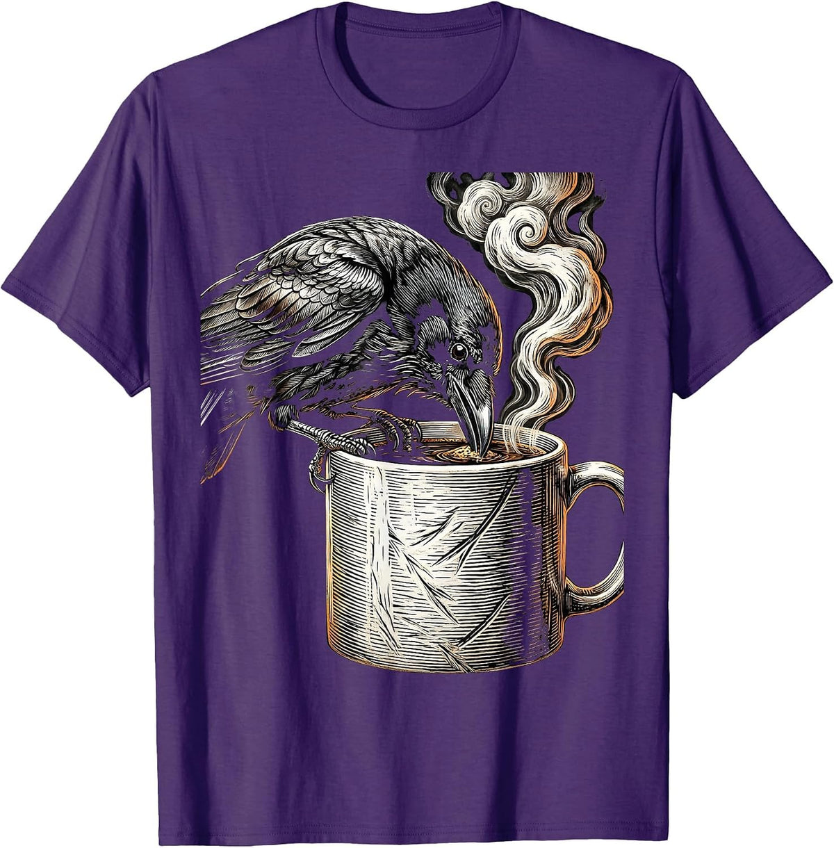 Men's Crow Sipping Coffee Funny Bird Art Design T-Shirt - Purple