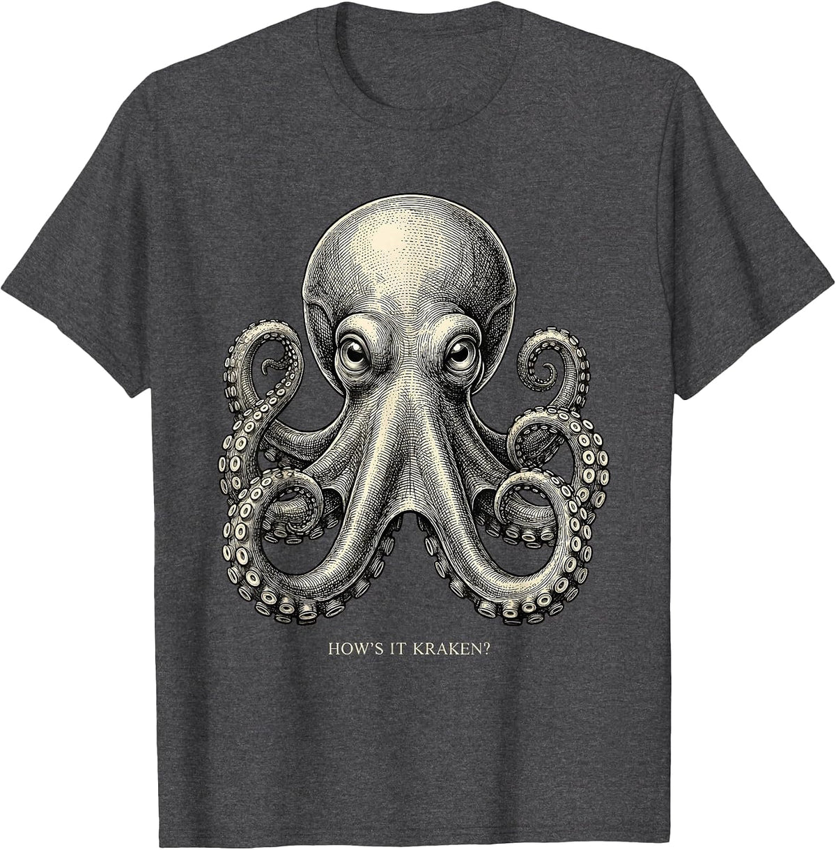 How's It Kraken? Playful Octopus Lover Crosshatch Etching T-Shirt - Dark Heather Grey