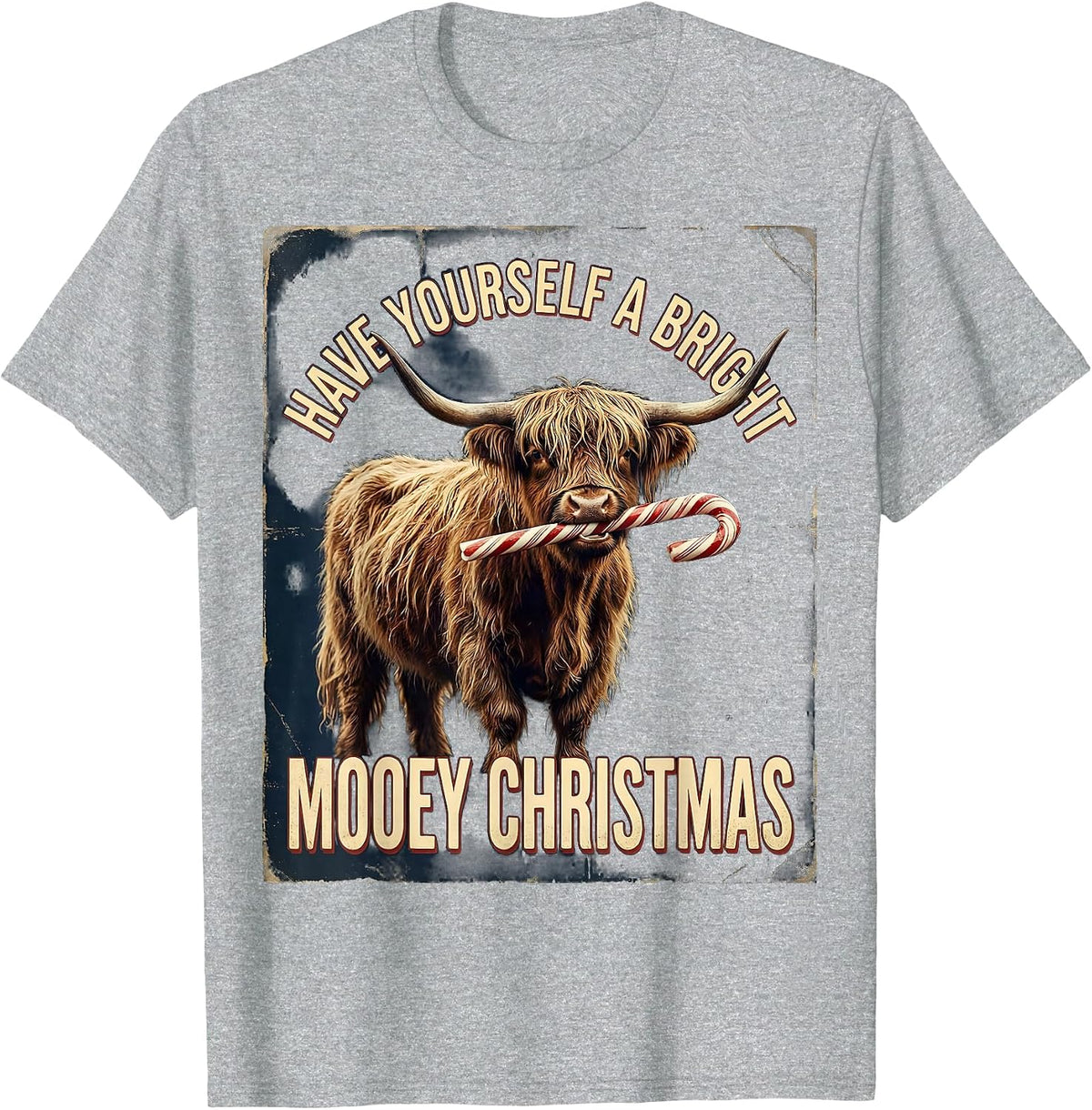 Men's Have Yourself A Bright Mooey Christmas Vintage Highland Cow T-Shirt - Heather Grey