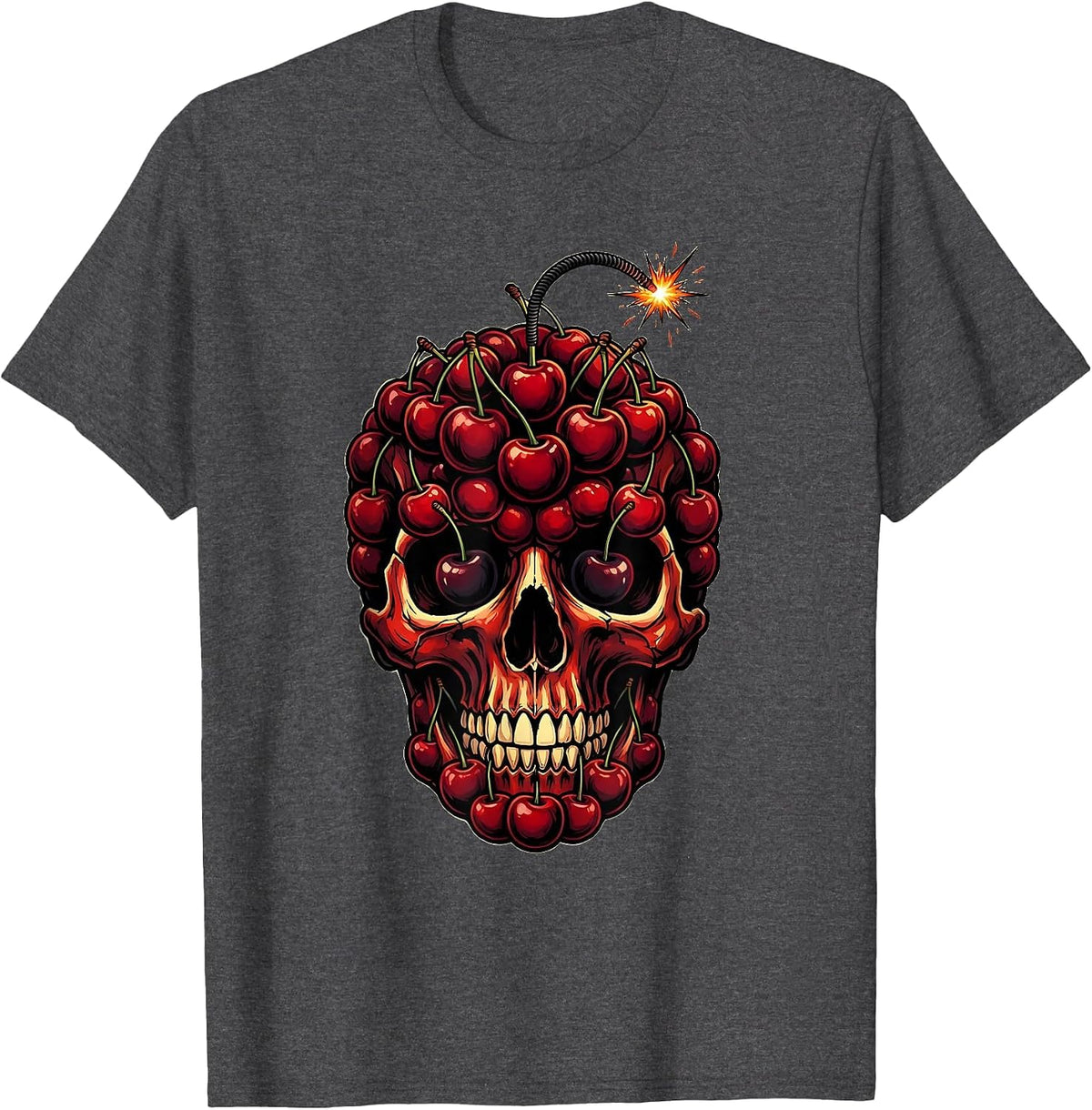 Cherry Bomb Skull Graphic Tee T-Shirt - Dark Heather Grey