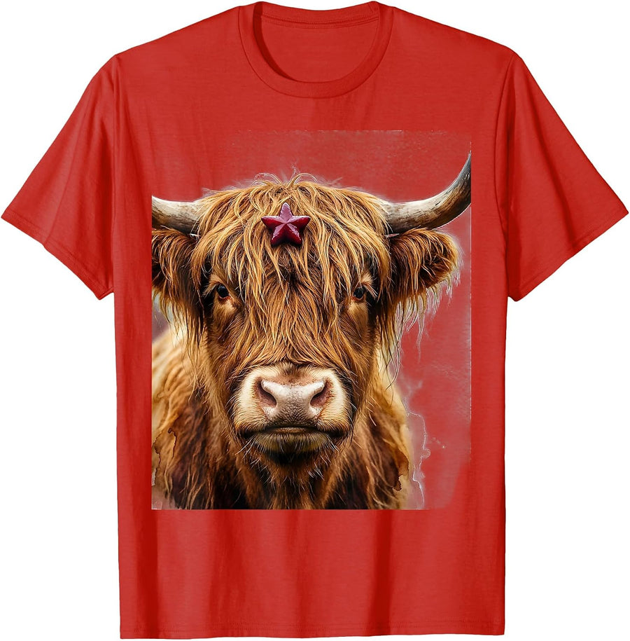 Highland Cow Watercolor Christmas Santa Hat Farm Animal T-Shirt - Red