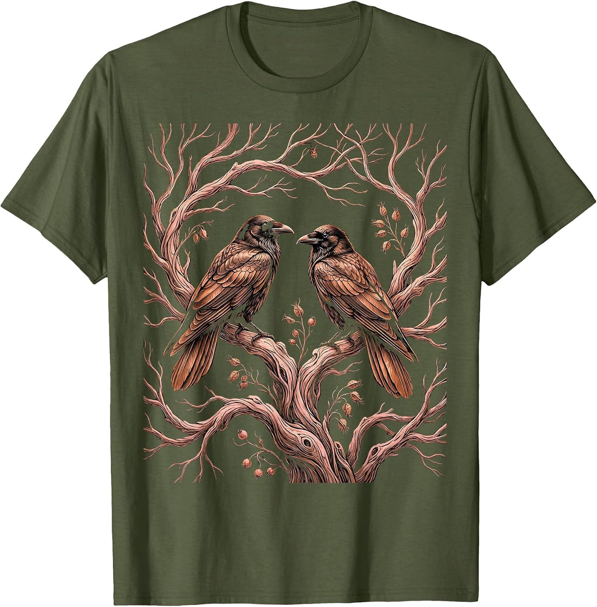 Crows on Bare Winter Tree Branches Illustration T-Shirt - Olive Green