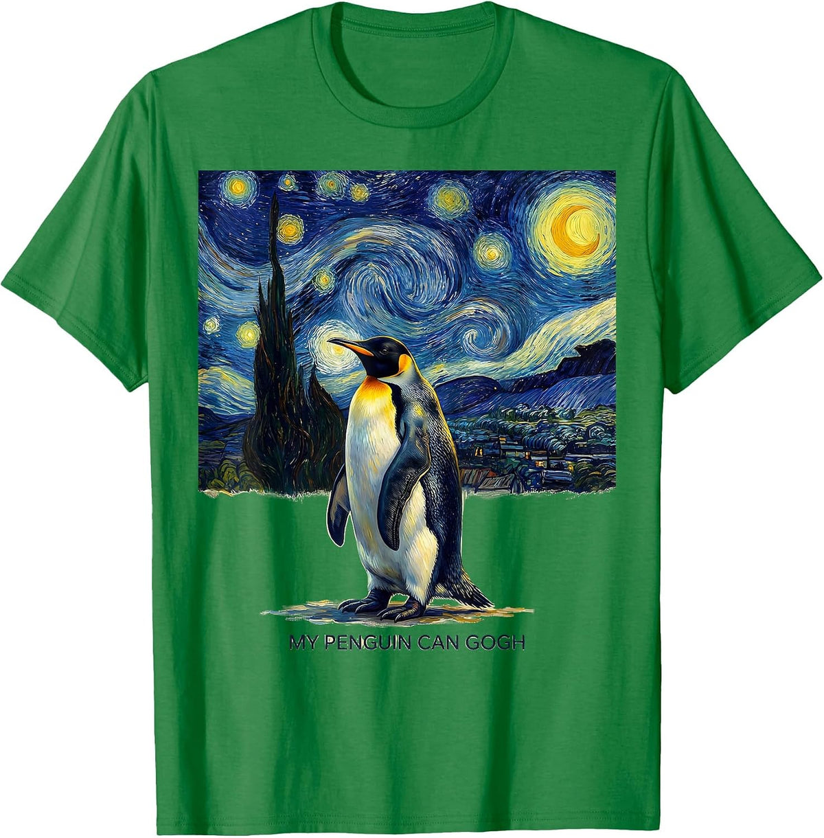 Men's My Penguin Can Gogh Funny Animal Art Parody Van Gogh Starry T-Shirt - Kelly Green