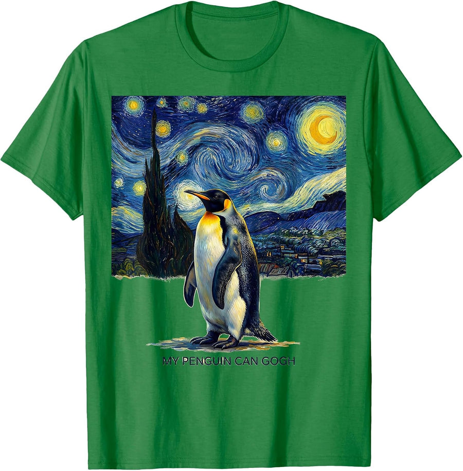 Men's My Penguin Can Gogh Funny Animal Art Parody Van Gogh Starry T-Shirt - Kelly Green