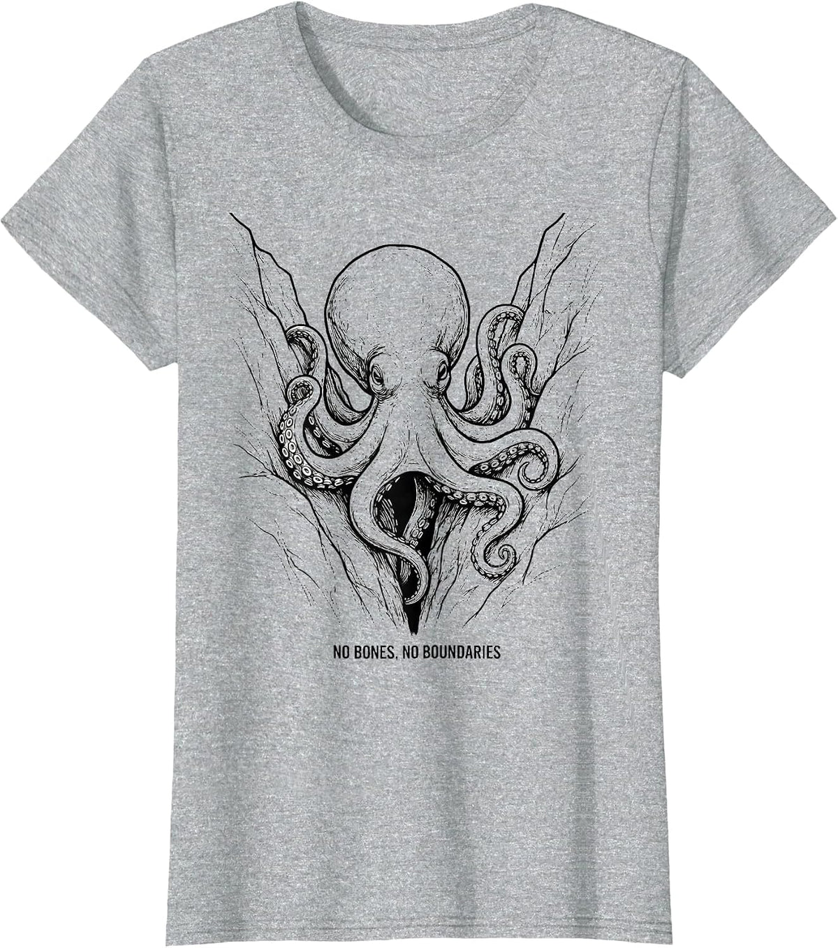 No Bones, No Boundaries Line Art Octopus Ocean Animal Lover T-Shirt - Heather Grey