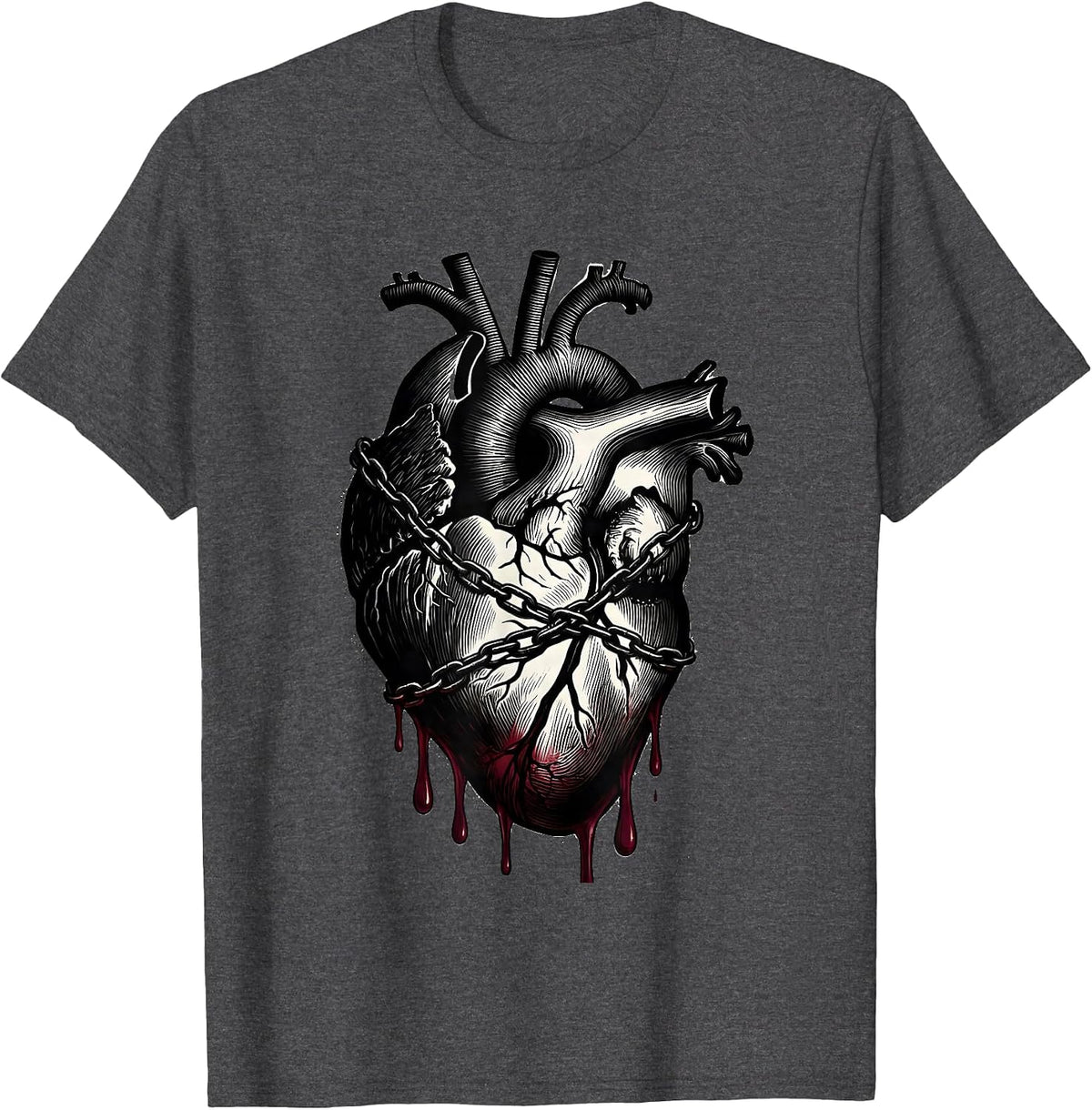 Dripping Bleeding Heart Wrapped in Chains Graphic T-Shirt - Dark Heather Grey