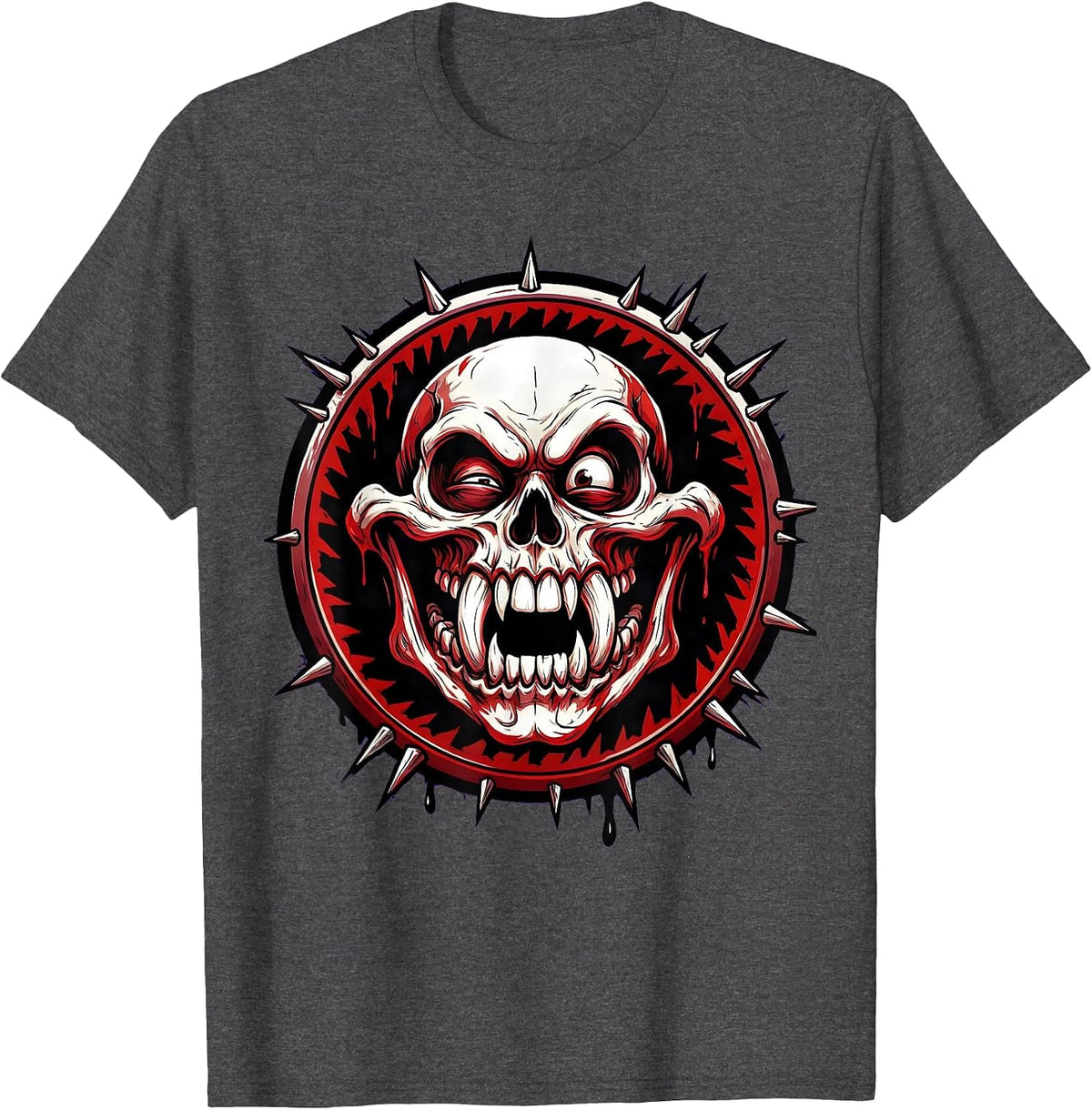 Men's Skull With Oversized Fang Teeth Graphic Design T-Shirt - Dark Heather Grey
