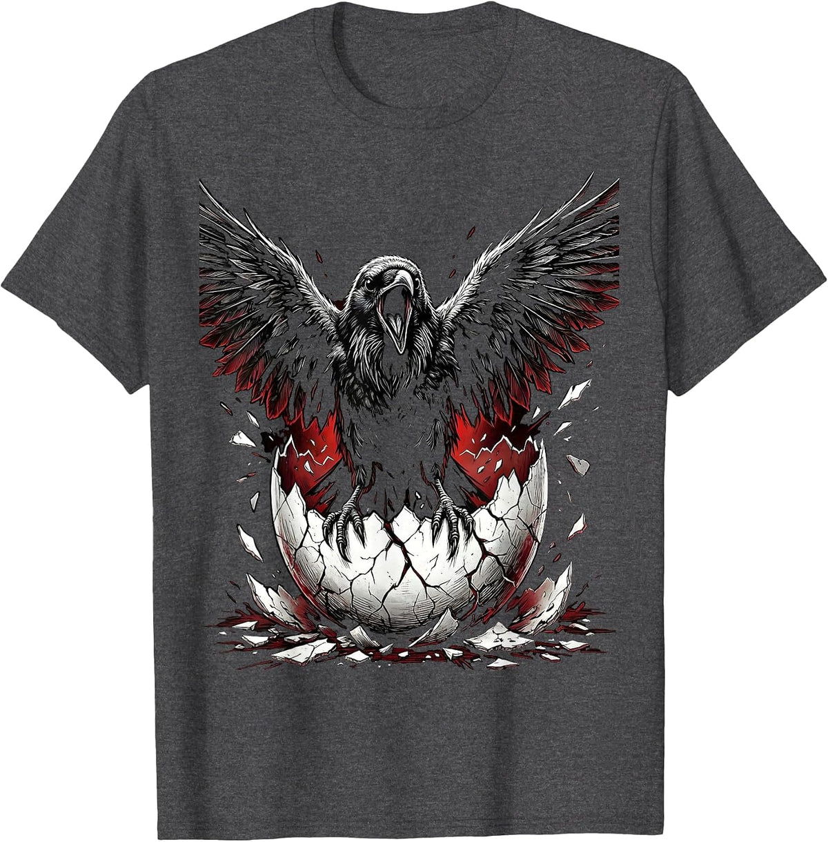 Crow Emerging From Broken Eggshell Illustration T-Shirt - Dark Heather Grey
