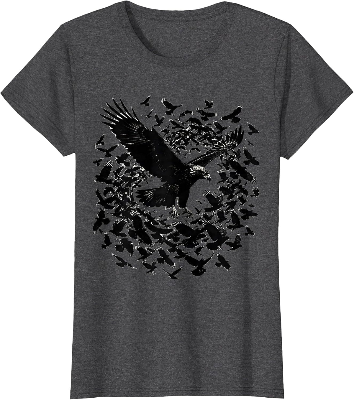 Women's Crow Mob vs Soaring Hawk Wildlife Illustration T-Shirt - Dark Heather Grey