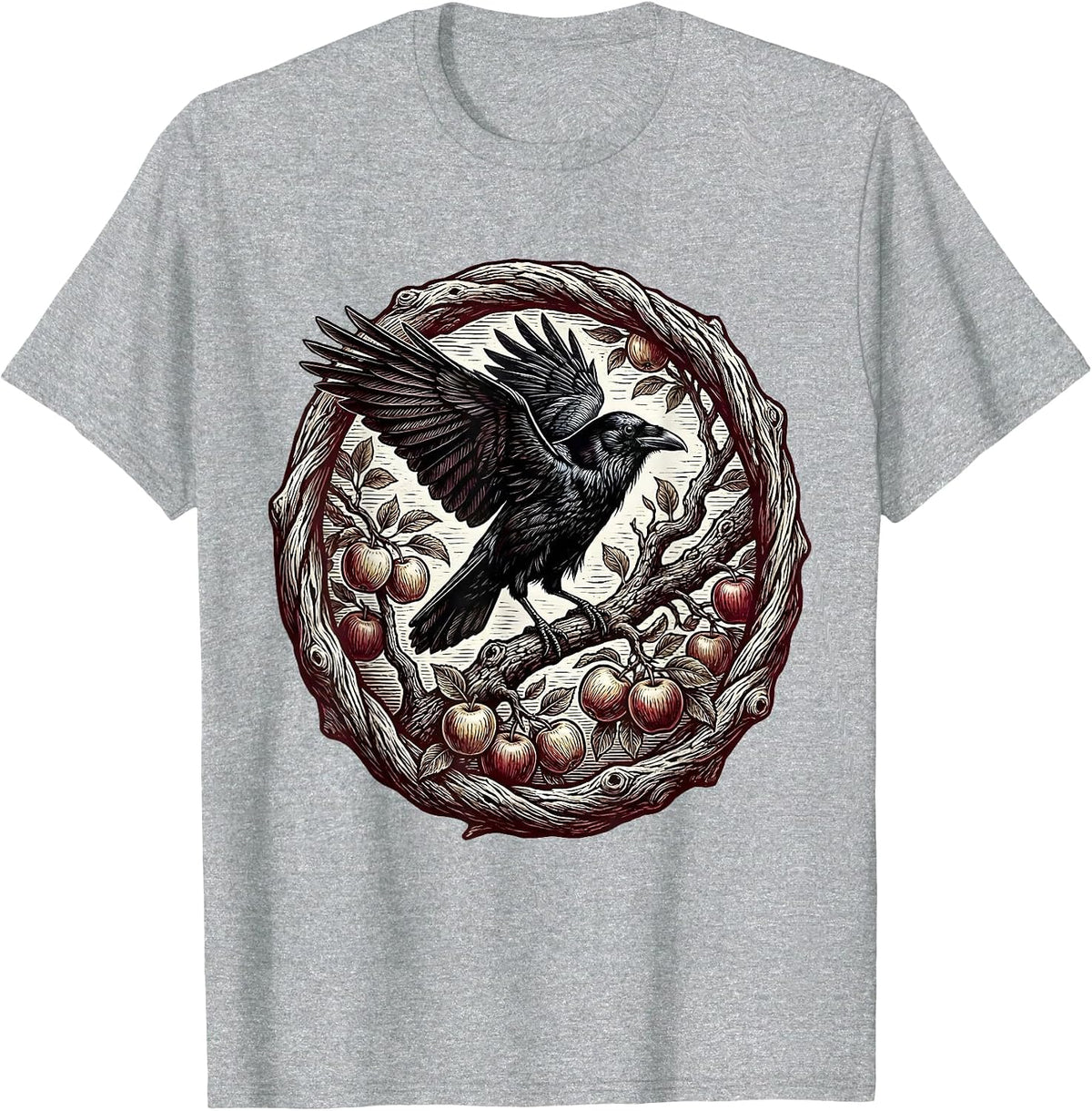 Men's Crow on Apple Branch Fall Harvest Illustration T-Shirt - Heather Grey