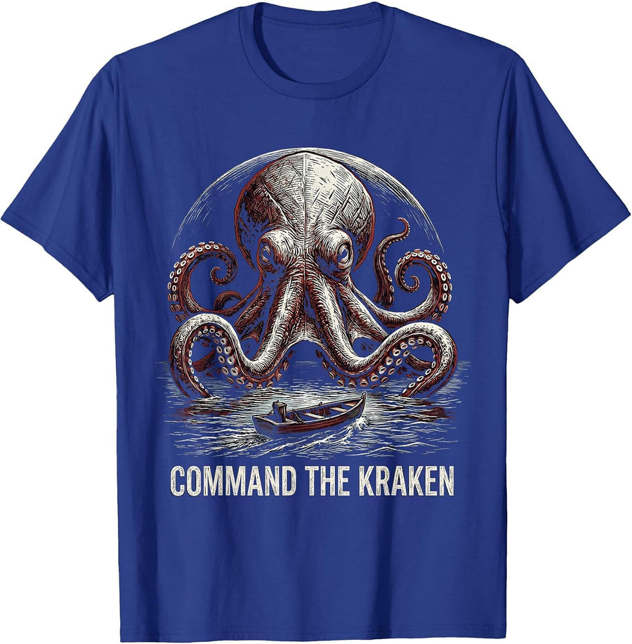 Command The Kraken Woodcut Engraving Octopus Lover Vintage T-Shirt - Royal Blue