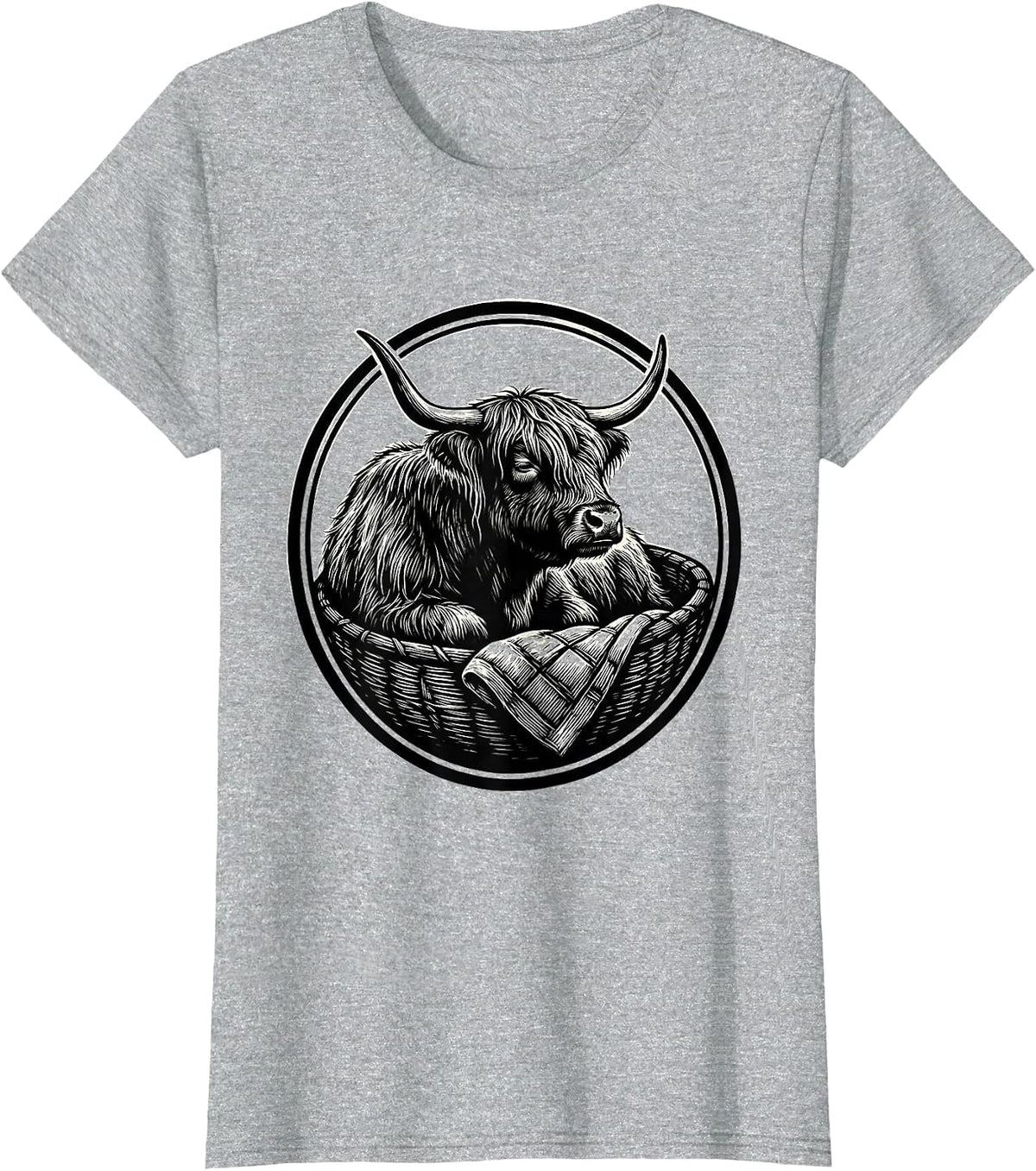 Women's Highland Cow Sleep Basket Cozy Scratchboard Art T-Shirt - Heather Grey